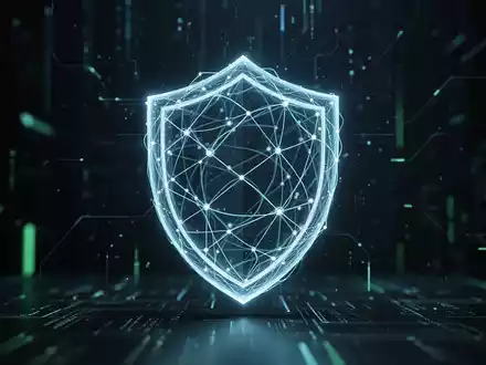 Ein stilisiertes, leuchtendes Schildsymbol mit verschlungenen Netzwerkleitungen, das digitale Sicherheit und Datenschutz symbolisiert. - Foto: über boerse-global.de