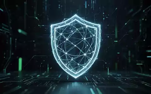 Ein stilisiertes, leuchtendes Schildsymbol mit verschlungenen Netzwerkleitungen, das digitale Sicherheit und Datenschutz symbolisiert. - Foto: über boerse-global.de
