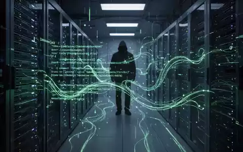 Glowing malicious code flows through server racks, symbolizing a digital supply chain attack. A silhouetted hacker is in the background. - Foto: über boerse-global.de