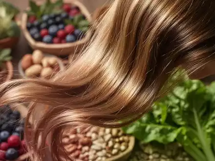 Gesundes, glänzendes Haar vor einem unscharfen Hintergrund mit nahrhaften Lebensmitteln wie Beeren, Nüssen und grünem Blattgemüse. - Foto: über boerse-global.de