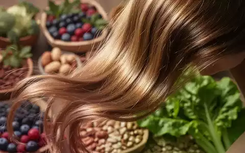 Gesundes, glänzendes Haar vor einem unscharfen Hintergrund mit nahrhaften Lebensmitteln wie Beeren, Nüssen und grünem Blattgemüse. - Foto: über boerse-global.de