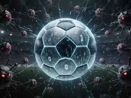 Ein stilisierter, leuchtender Fußball aus Binärcode und digitalen Daten, umgeben von einem dunklen Netzwerk aus Cyber-Bedrohungen. - Foto: über boerse-global.de