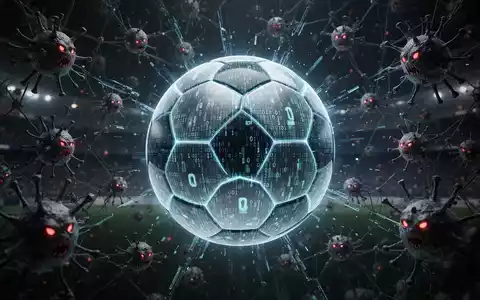 Ein stilisierter, leuchtender Fußball aus Binärcode und digitalen Daten, umgeben von einem dunklen Netzwerk aus Cyber-Bedrohungen. - Foto: über boerse-global.de