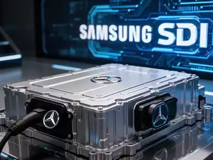 Ein futuristischer Akku eines Elektrofahrzeugs mit einem Mercedes-Benz-Logo und einem Samsung SDI-Logo im Hintergrund, der eine Partnerschaft symbolisiert. - Foto: über boerse-global.de
