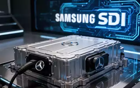 Ein futuristischer Akku eines Elektrofahrzeugs mit einem Mercedes-Benz-Logo und einem Samsung SDI-Logo im Hintergrund, der eine Partnerschaft symbolisiert. - Foto: über boerse-global.de