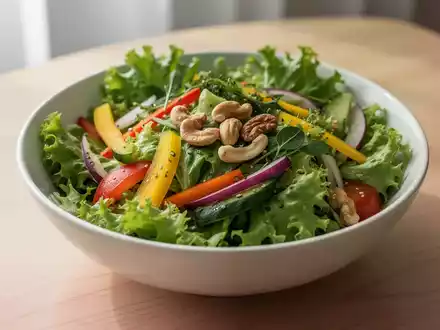 Eine Nahaufnahme einer frischen Salatschüssel mit verschiedenen grünen Blattsalaten, bunten Gemüsesorten und Nüssen auf einem Holztisch. - Foto: über boerse-global.de