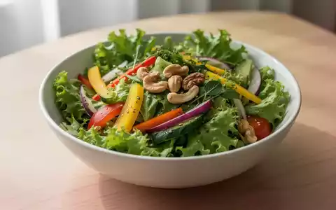 Eine Nahaufnahme einer frischen Salatschüssel mit verschiedenen grünen Blattsalaten, bunten Gemüsesorten und Nüssen auf einem Holztisch. - Foto: über boerse-global.de