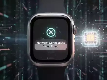 Apple Watch Ultra showing a connectivity error, with a blurred background of digital data streams and an eSIM chip. - Foto: über boerse-global.de