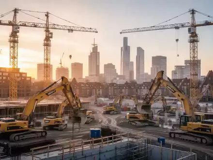 Eine moderne Baustelle im Morgengrauen mit Kränen und Baggern vor einer nordeuropäischen Stadtkulisse, die große Bauprojekte symbolisiert. - Foto: über boerse-global.de