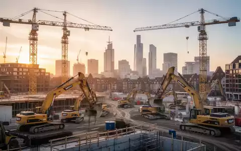 Eine moderne Baustelle im Morgengrauen mit Kränen und Baggern vor einer nordeuropäischen Stadtkulisse, die große Bauprojekte symbolisiert. - Foto: über boerse-global.de