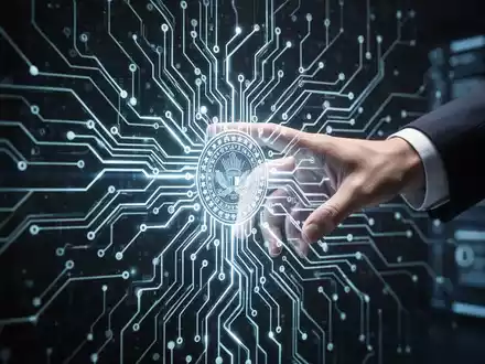 A glowing, intricate neural network or circuit board design with a hand reaching towards it, symbolizing control over AI technology. - Foto: über boerse-global.de