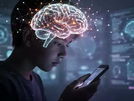 Ein stilisiertes, leuchtendes KI-Gehirnnetz überlagert das Profil eines jungen Menschen, der auf ein Smartphone blickt. - Foto: über boerse-global.de