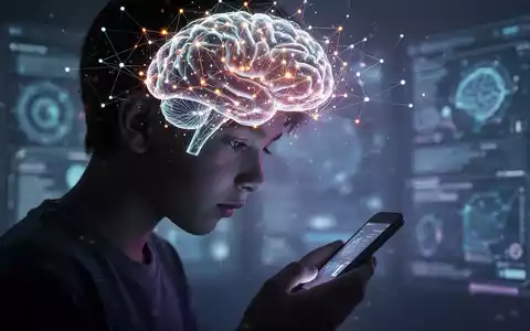 Ein stilisiertes, leuchtendes KI-Gehirnnetz überlagert das Profil eines jungen Menschen, der auf ein Smartphone blickt. - Foto: über boerse-global.de