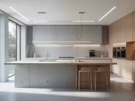 Eine moderne, minimalistische Küche ohne Oberschränke, mit glatten Oberflächen, viel Tageslicht und offener Raumwirkung. - Foto: über boerse-global.de