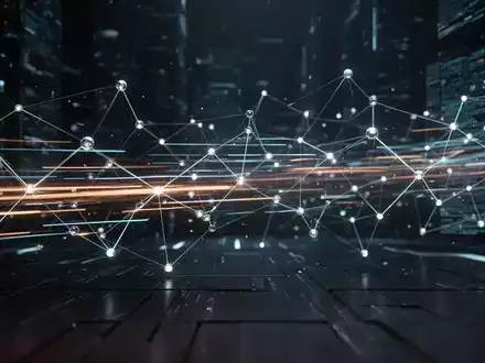 Abstrakte Darstellung von schnellem Datenfluss mit leuchtenden Linien und Knoten vor dunklem, futuristischem Hintergrund. - Foto: über boerse-global.de