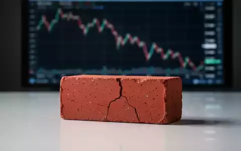 Ein einzelner, leicht rissiger roter Ziegelstein auf einer spiegelnden Oberfläche mit einem unscharfen, absteigenden Finanzchart im Hintergrund. - Foto: über boerse-global.de