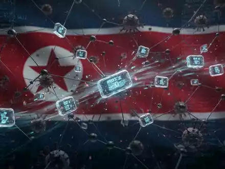 Eine stilisierte Darstellung eines Netzwerks mit Datenpaketen, überlagert mit abstraktem Malware-Code und einem nordkoreanischen Flaggenmuster. - Foto: über boerse-global.de