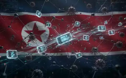 Eine stilisierte Darstellung eines Netzwerks mit Datenpaketen, überlagert mit abstraktem Malware-Code und einem nordkoreanischen Flaggenmuster. - Foto: über boerse-global.de
