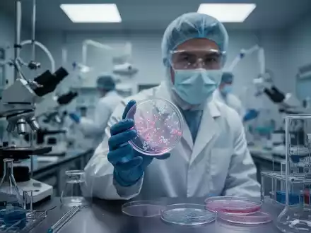 Ein Wissenschaftler in einem Labor betrachtet eine Petrischale mit Zellen, umgeben von medizinischer Forschungsausrüstung. - Foto: über boerse-global.de