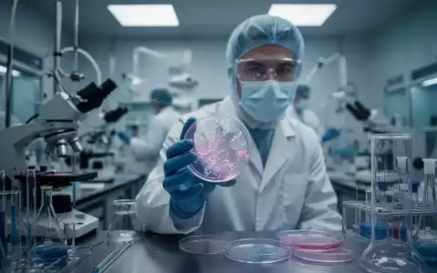 Ein Wissenschaftler in einem Labor betrachtet eine Petrischale mit Zellen, umgeben von medizinischer Forschungsausrüstung. - Foto: über boerse-global.de