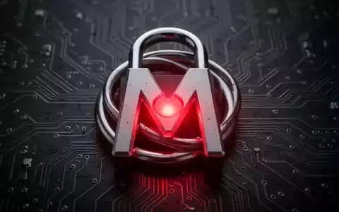 A digital padlock intertwined with a stylized 'M' for Microsoft, glowing red on a circuit board background. - Foto: über boerse-global.de