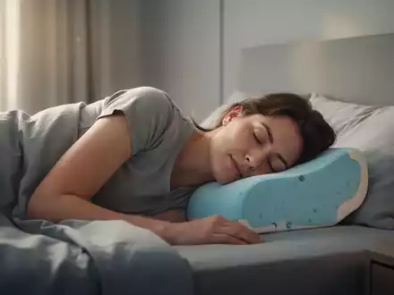 Eine Person schläft friedlich auf der Seite in einem modernen Schlafzimmer, wobei ein ergonomisches Kissen ihren Kopf und Nacken stützt. - Foto: über boerse-global.de