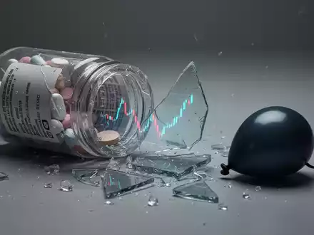 Eine zerbrochene Medikamentenflasche mit Glasscherben, die einen abstürzenden Aktienchart reflektieren, symbolisiert einen Fehlschlag. - Foto: über boerse-global.de