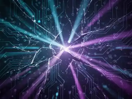 Abstrakte Darstellung einer digitalen Störung mit gebrochenen Lichtstrahlen und Leiterplattenmustern in Blau- und Violetttönen. - Foto: über boerse-global.de
