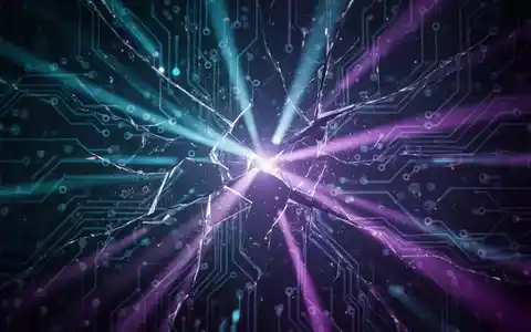 Abstrakte Darstellung einer digitalen Störung mit gebrochenen Lichtstrahlen und Leiterplattenmustern in Blau- und Violetttönen. - Foto: über boerse-global.de