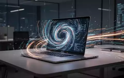 Ein glänzendes MacBook Pro mit leuchtendem Bildschirm, der abstrakte Datenvisualisierungen zeigt, auf einem modernen Schreibtisch. - Foto: über boerse-global.de