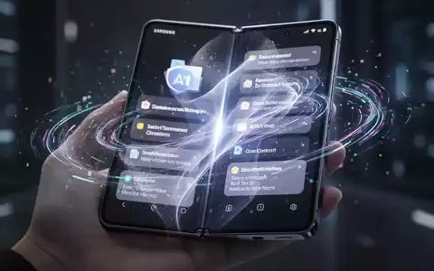 A close-up of a futuristic Samsung Galaxy smartphone displaying an AI-driven interface with summarized notifications and file content. - Foto: über boerse-global.de