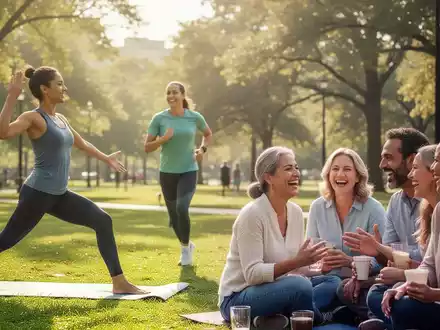 Eine Gruppe von Menschen, die Yoga praktizieren, joggen und soziale Interaktionen pflegen, um psychische Gesundheit zu fördern. - Foto: über boerse-global.de