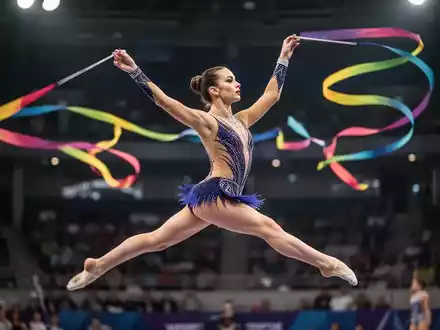 Eine rhythmische Sportgymnastin in der Luft, mit einem Band, vor einem unscharfen Stadionhintergrund. - Foto: über boerse-global.de