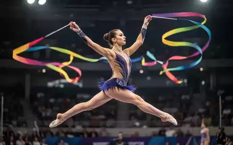 Eine rhythmische Sportgymnastin in der Luft, mit einem Band, vor einem unscharfen Stadionhintergrund. - Foto: über boerse-global.de