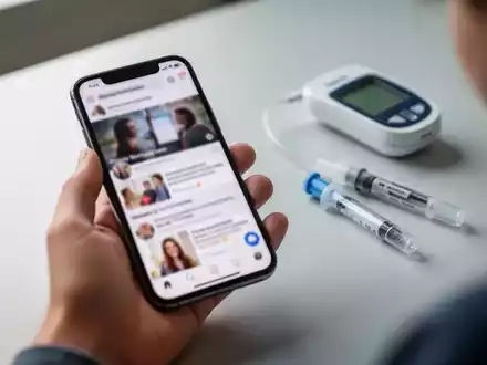 Eine junge Hand hält ein Smartphone, im Hintergrund ein Blutzuckermessgerät und Insulinpen. Fokus auf digitale Medien und Gesundheit. - Foto: über boerse-global.de
