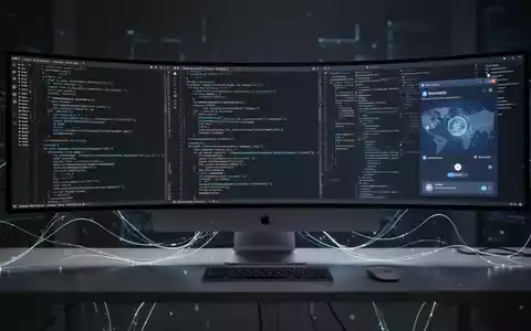 A modern Apple desktop computer setup with multiple ultrawide monitors displaying code and remote access interfaces, symbolizing advanced technology. - Foto: über boerse-global.de
