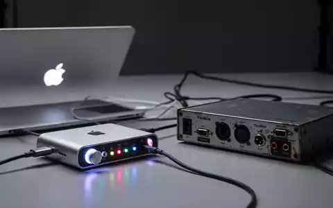 A modern silver USB-C audio interface next to an older FireWire interface, connected to a laptop, symbolizing technology transition. - Foto: über boerse-global.de