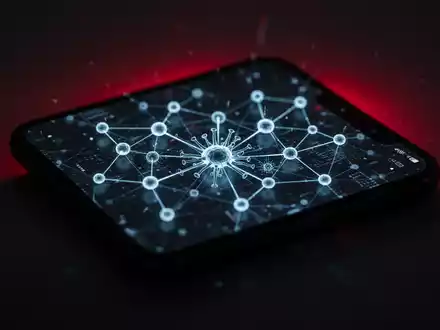A smartphone screen with a network of glowing red nodes, symbolizing a digital threat or malware spreading through a system. - Foto: über boerse-global.de