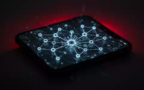A smartphone screen with a network of glowing red nodes, symbolizing a digital threat or malware spreading through a system. - Foto: über boerse-global.de