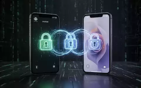 Zwei Smartphones (Android und iPhone) mit leuchtenden, ineinander verschlungenen digitalen Schlosssymbolen, die eine sichere Verbindung darstellen. - Foto: über boerse-global.de