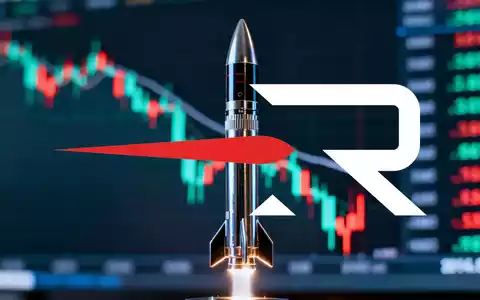 Ein Modell einer Rocket Lab Electron Rakete vor einem unscharfen Hintergrund mit einem fallenden Börsenchart und Finanzdaten. - Foto: über boerse-global.de