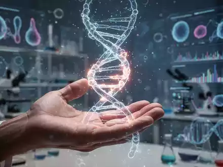 Eine Hand hält eine leuchtende, DNA-ähnliche Helixstruktur vor einem Hintergrund aus wissenschaftlicher Ausrüstung und Datenvisualisierungen. - Foto: über boerse-global.de