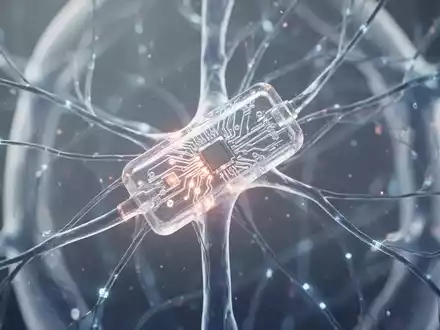 Ein futuristisches, transparentes Mini-Implantat mit leuchtenden Schaltkreisen, eingebettet in ein Netzwerk aus feinen, beleuchteten Nervensträngen. - Foto: über boerse-global.de