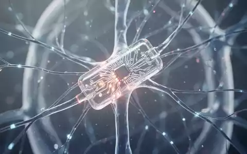 Ein futuristisches, transparentes Mini-Implantat mit leuchtenden Schaltkreisen, eingebettet in ein Netzwerk aus feinen, beleuchteten Nervensträngen. - Foto: über boerse-global.de