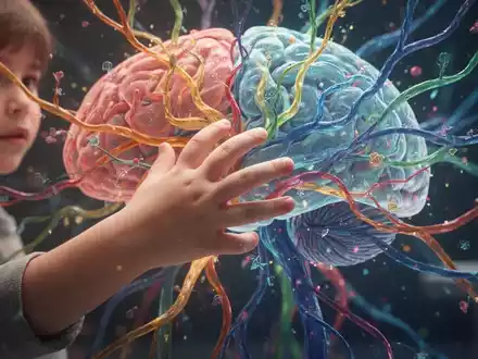 Eine Kinderhand interagiert mit farbigen, abstrakten neurologischen Pfaden, die Gehirntraining und kognitive Entwicklung symbolisieren. - Foto: über boerse-global.de