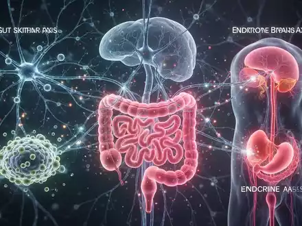 Eine stilisierte Darstellung von Nervenbahnen, Darmmikrobiom und Hormondrüsen, die die Darm-Haut-Hirn-Achse symbolisiert. - Foto: über boerse-global.de