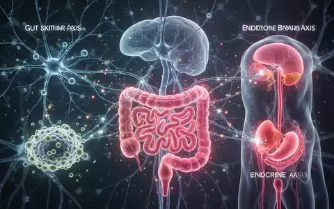 Eine stilisierte Darstellung von Nervenbahnen, Darmmikrobiom und Hormondrüsen, die die Darm-Haut-Hirn-Achse symbolisiert. - Foto: über boerse-global.de