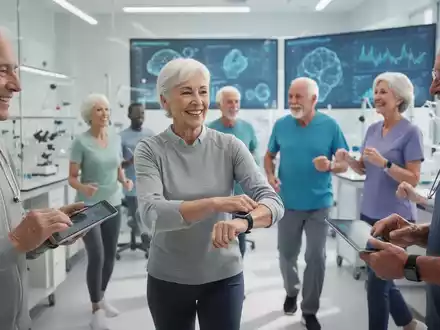 Ältere Erwachsene nutzen Smartwatches und interagieren in einer modernen Umgebung, die Demenzprävention und Forschung symbolisiert. - Foto: über boerse-global.de