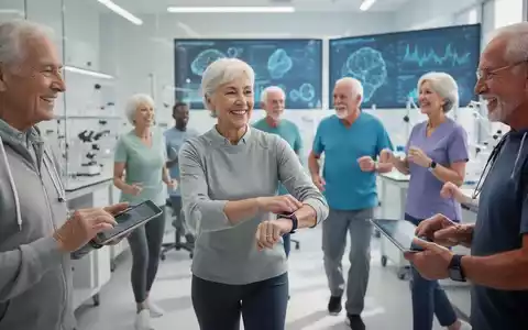 Ältere Erwachsene nutzen Smartwatches und interagieren in einer modernen Umgebung, die Demenzprävention und Forschung symbolisiert. - Foto: über boerse-global.de