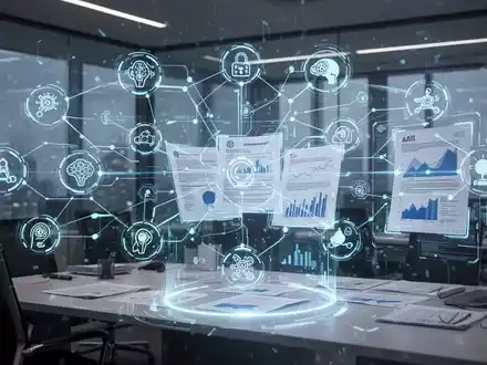 A digital interface with AI and data icons, showing holographic business documents, symbolizing proposal software and sales automation. - Foto: über boerse-global.de